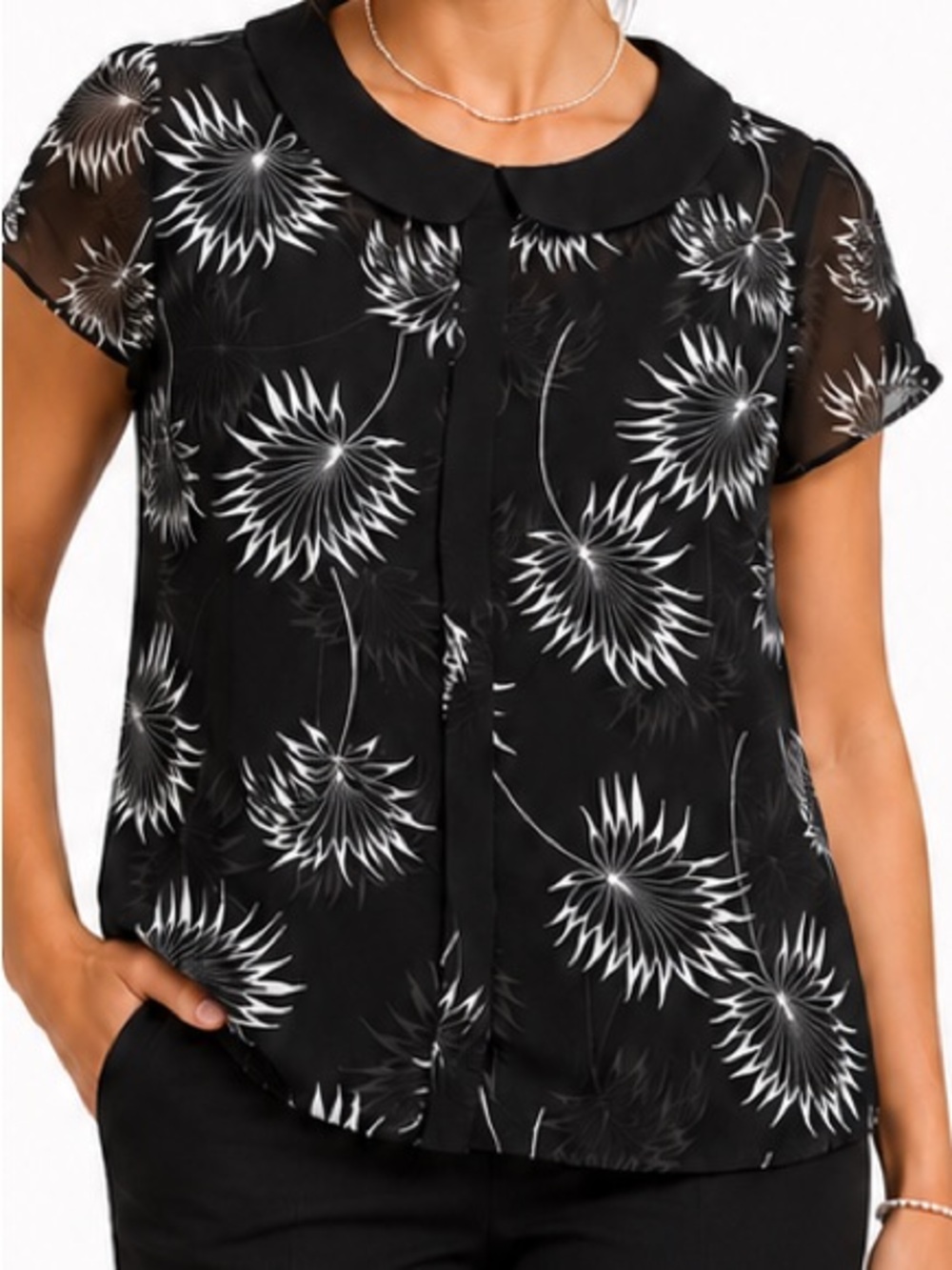 Philosophy blouse/top, black/white print, sheer, short sleeves, Sz S, EUC